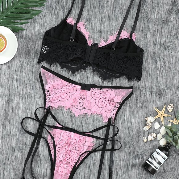 Pink and Black Spaghetti Strap Eyelash Lace Bra Set Garter and Panty L… - Picture 12 of 13